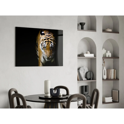Striking black-and-white tiger face glass art on tempered glass with bold orange stripes