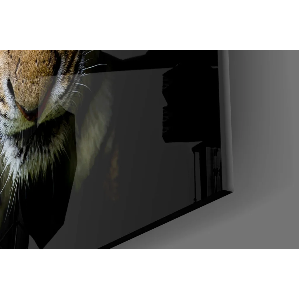 Fierce tiger tempered glass art with bold orange stripes and intense eyes