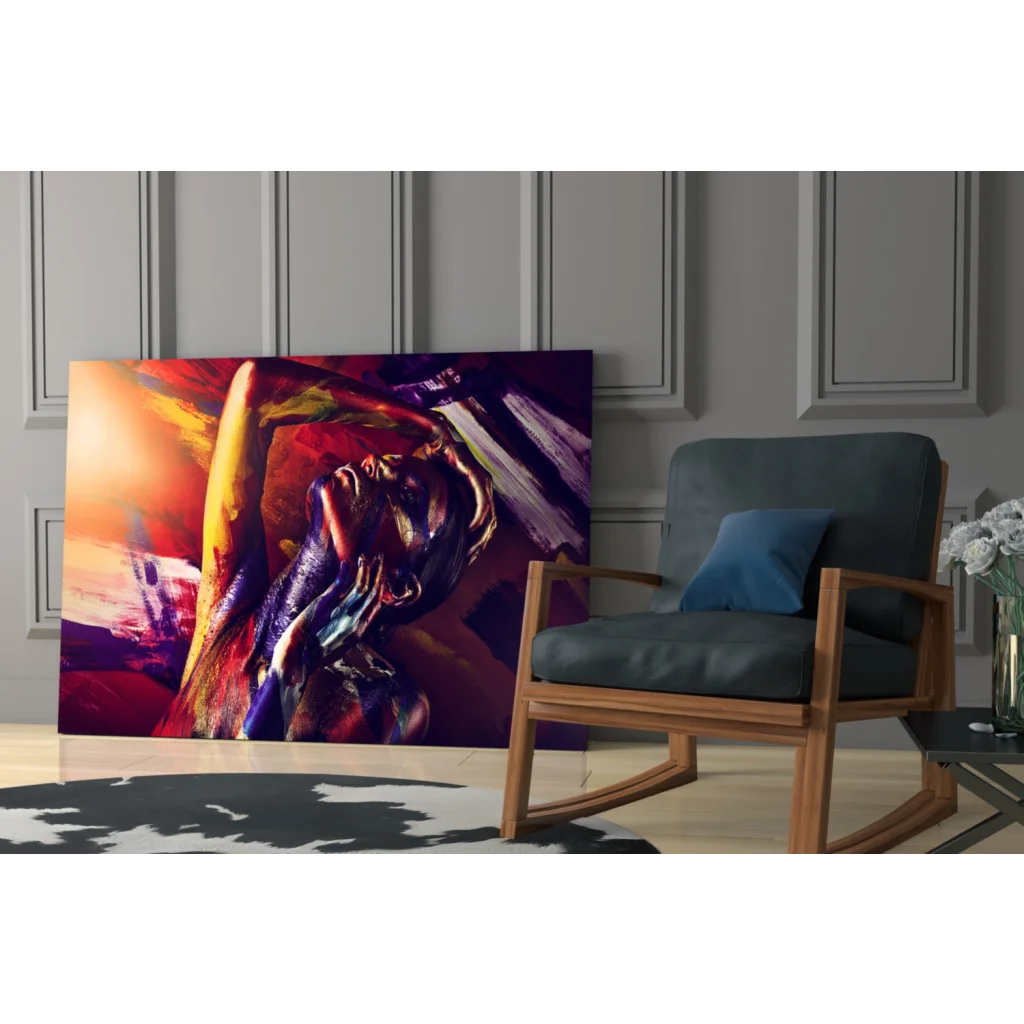 Vibrant fiery abstract figure canvas wall art in bold swirling orange, purple, blue