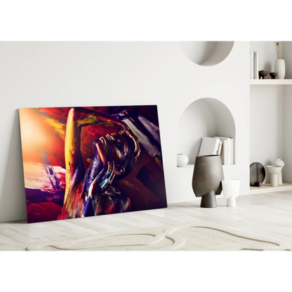 Fiery abstract figure canvas wall art in bold red orange purple swirls