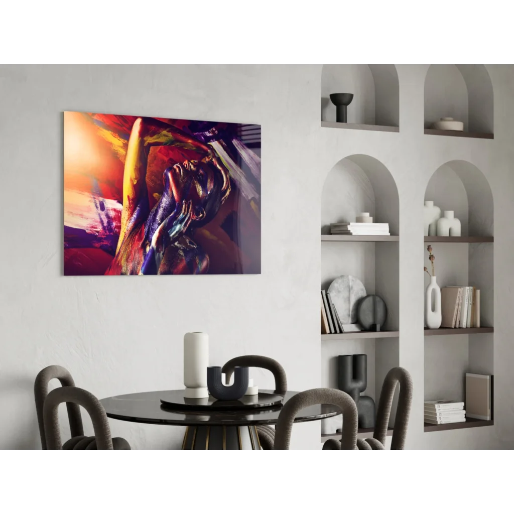 Vibrant fiery abstract figure wall art canvas in bold swirling reds, oranges, purples