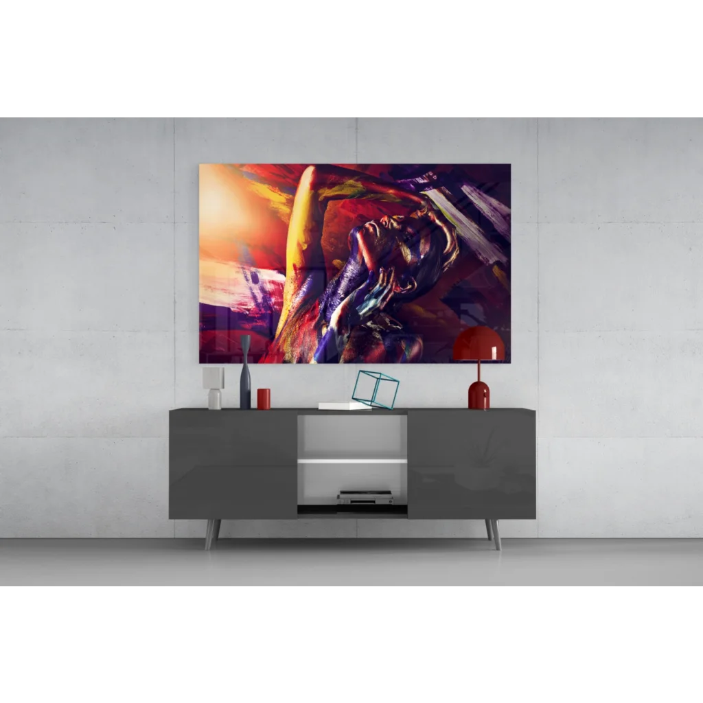 Vibrant fiery abstract figure wall art in bold swirling red, orange, purple, blue