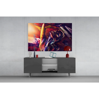 Vibrant fiery abstract figure wall art in bold swirling red, orange, purple, blue