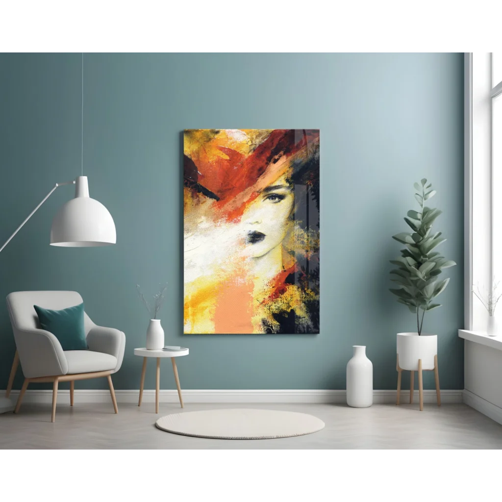 Fiery abstract portrait canvas wall art with bold red brushstrokes