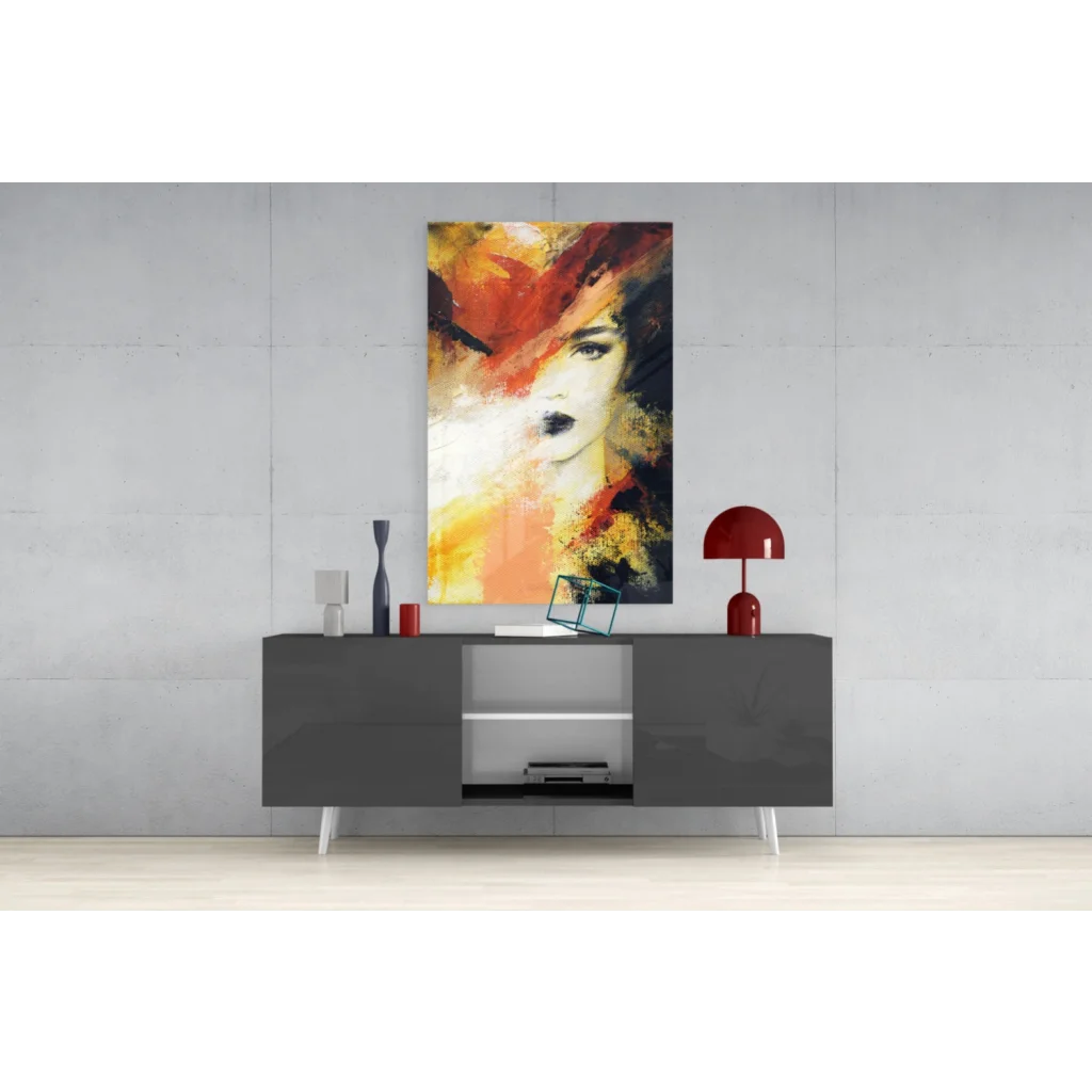 Fiery abstract portrait wall art with bold red brushstrokes