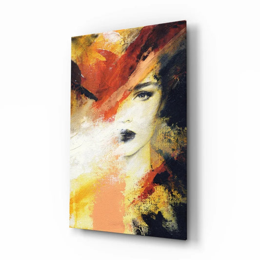 Fiery abstract portrait canvas wall art with bold red brushstrokes
