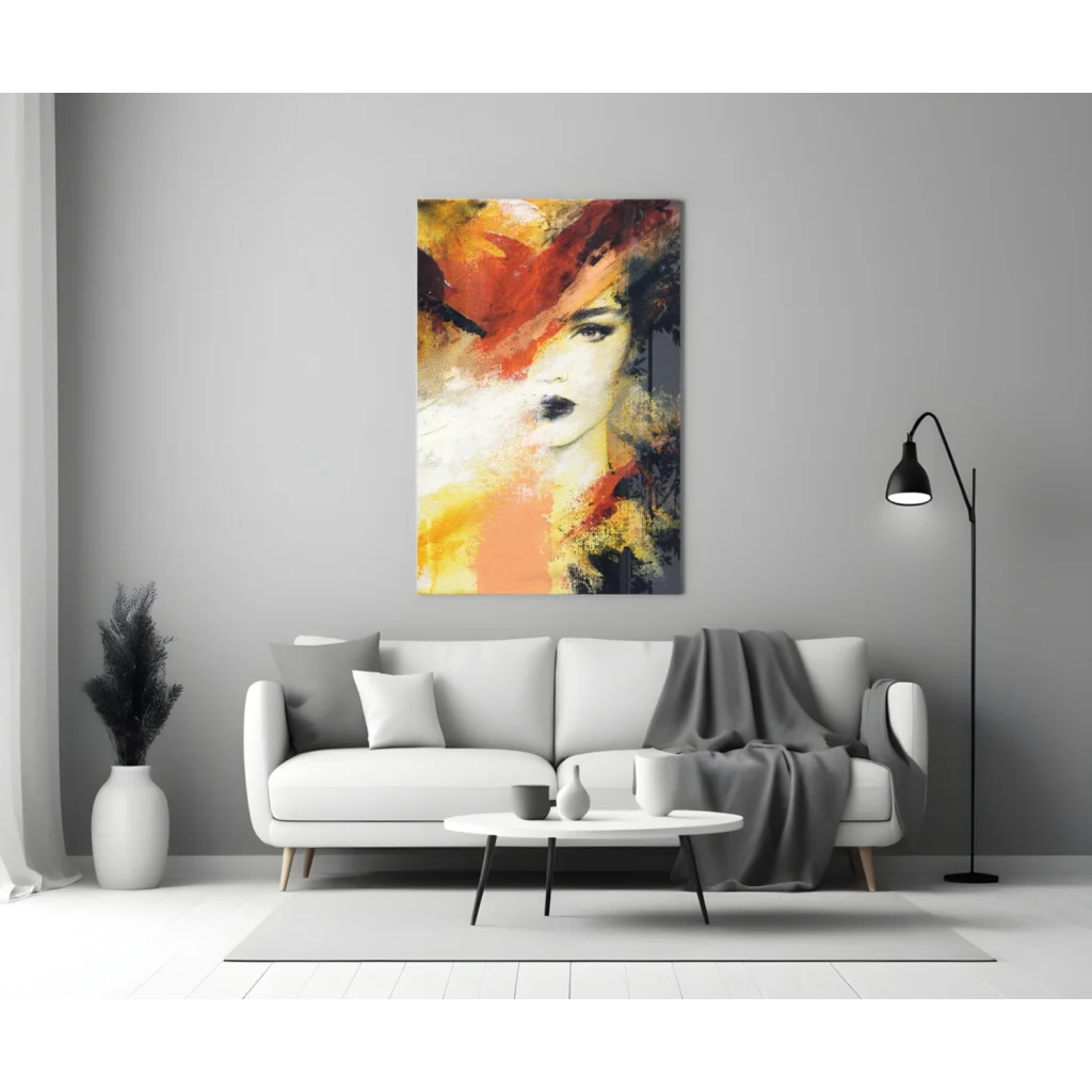 Vibrant fiery abstract portrait canvas wall art with bold red brushstrokes