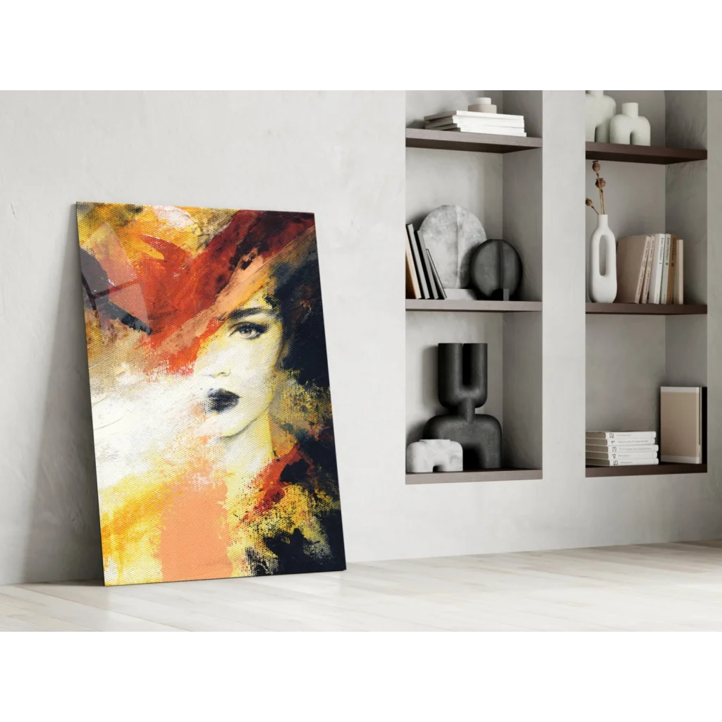 Fiery abstract portrait canvas wall art with bold red brushstrokes