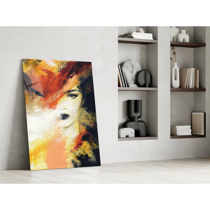 Fiery abstract portrait canvas wall art with bold red brushstrokes