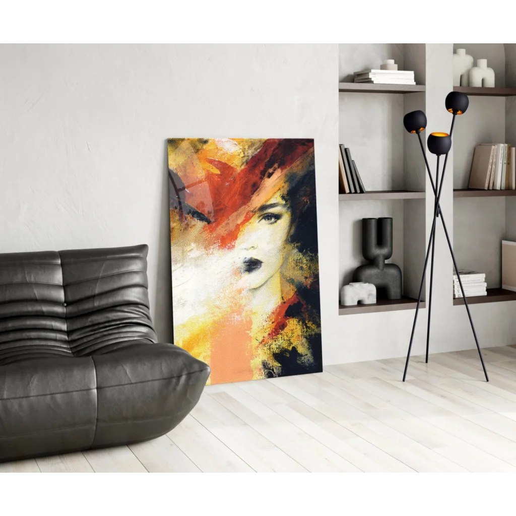 Fiery abstract portrait canvas wall art with bold red brushstrokes