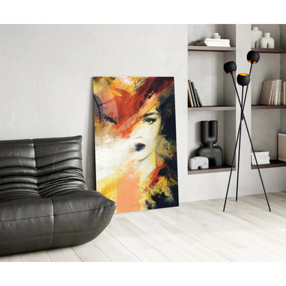 Fiery abstract portrait canvas wall art with bold red brushstrokes