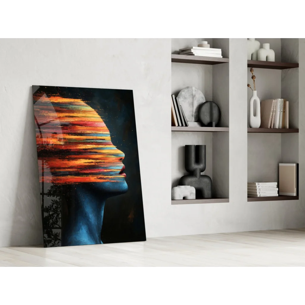 Fiery abstract profile canvas wall art in bold orange and blue