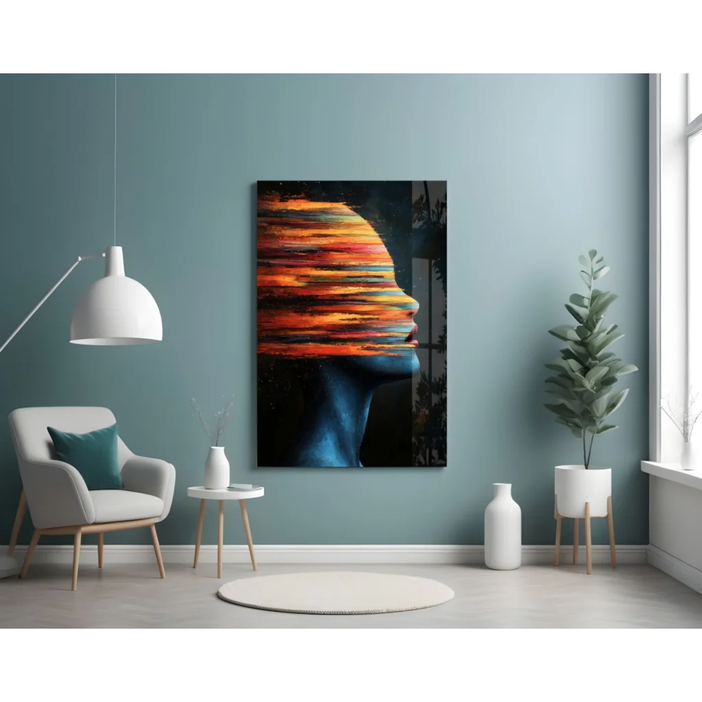 Fiery abstract profile canvas wall art in orange and blue on teal wall