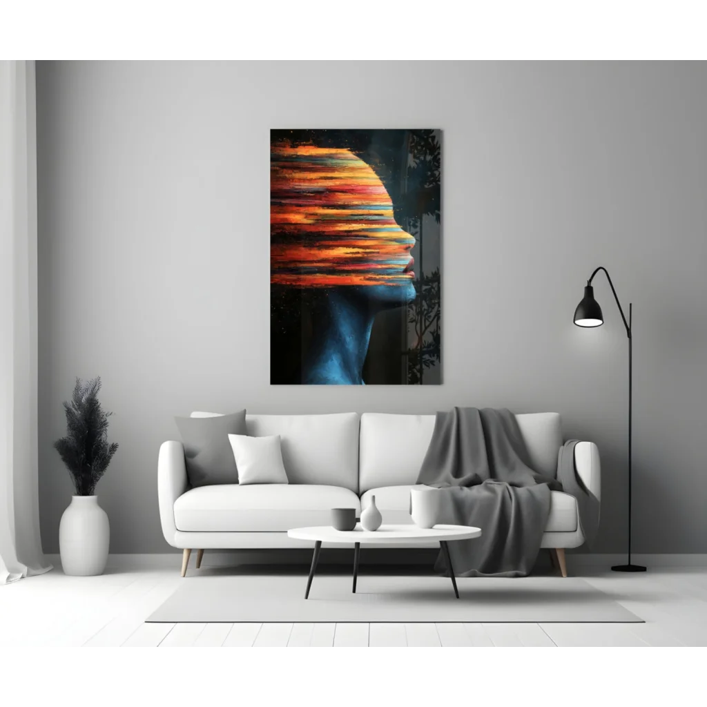 Fiery abstract profile canvas wall art in orange and blue on gray wall
