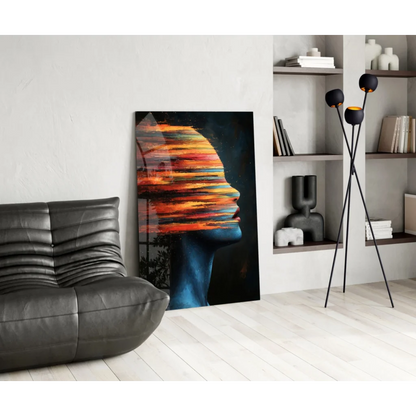 Fiery abstract profile silhouette wall art canvas in orange and blue
