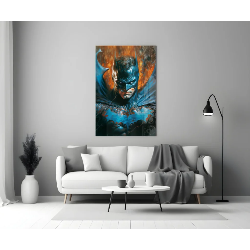Fiery Batman glass wall art with orange-blue scheme and lightning effects