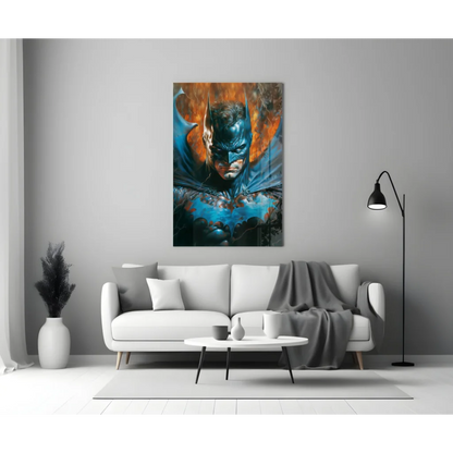Fiery Batman glass wall art with orange-blue scheme and lightning effects