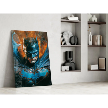 Vibrant Batman glass wall art with fiery orange blue tones and lightning effects