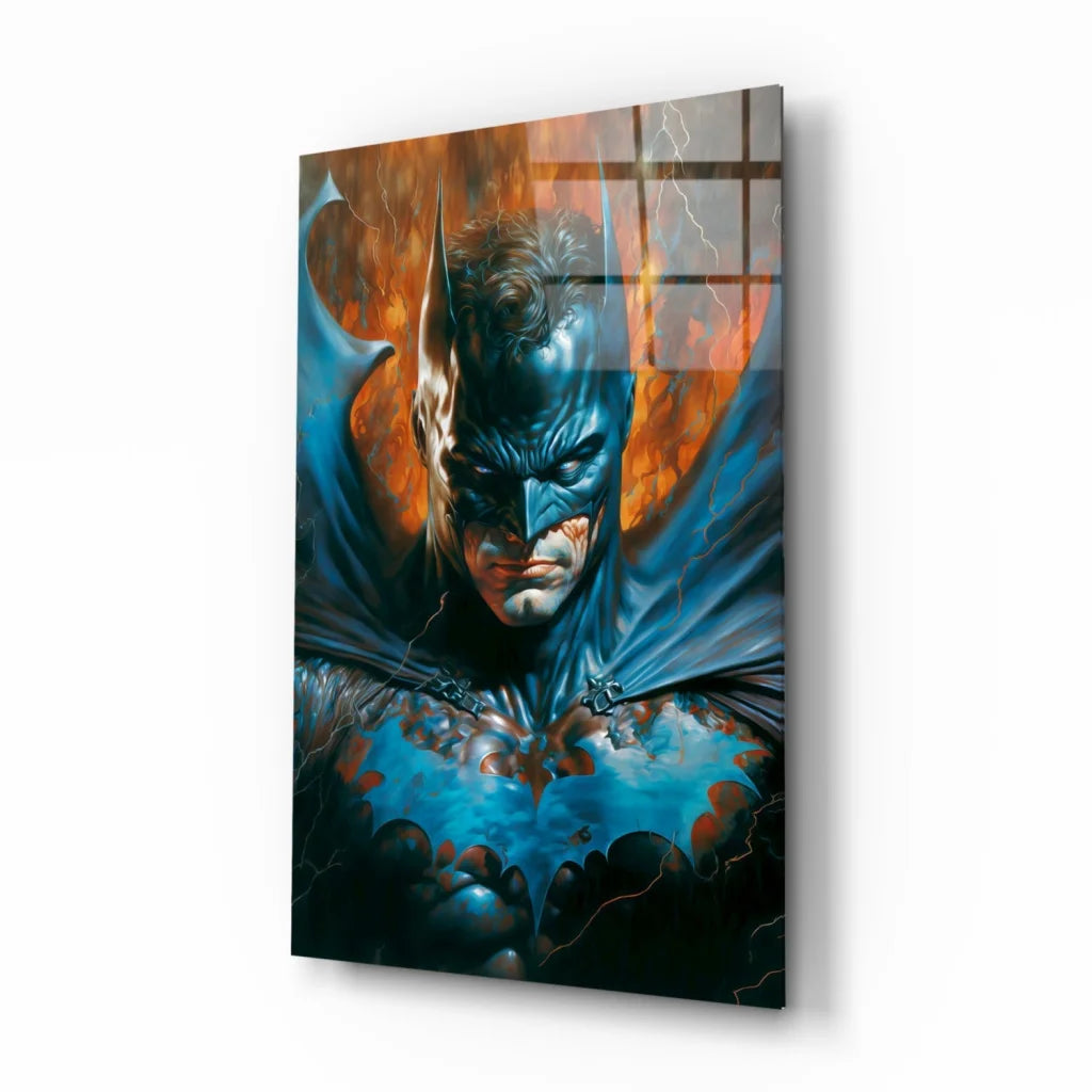 Fiery Batman glass wall art with blue design and lightning effects