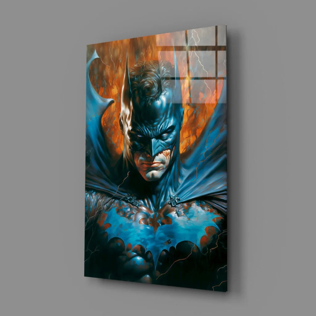Fiery blue Batman glass wall art with orange flames and lightning on gray wall
