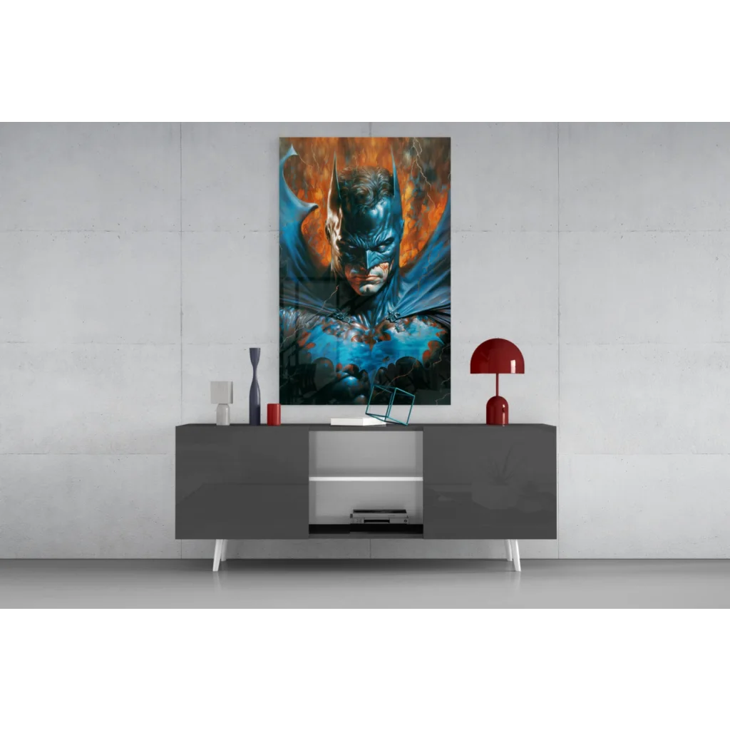 Fiery Batman glass wall art with orange-blue scheme and bat insignia