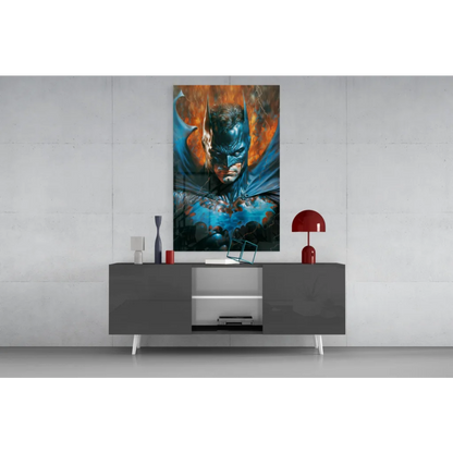 Fiery Batman glass wall art with orange-blue scheme and bat insignia