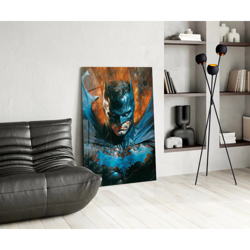 Fiery Batman glass wall art with orange-blue scheme and lightning effects