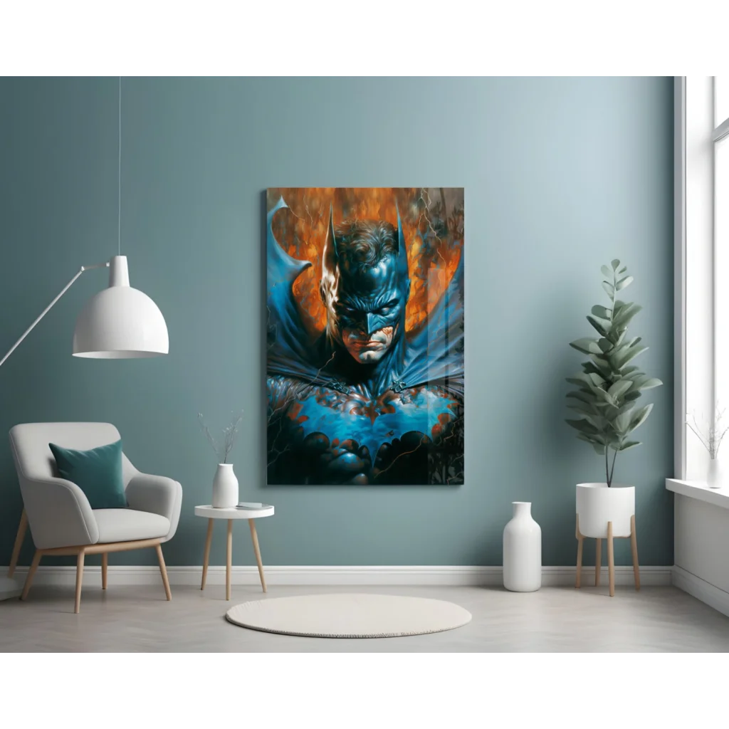 Fiery Batman glass wall art with lightning effects and orange-blue scheme