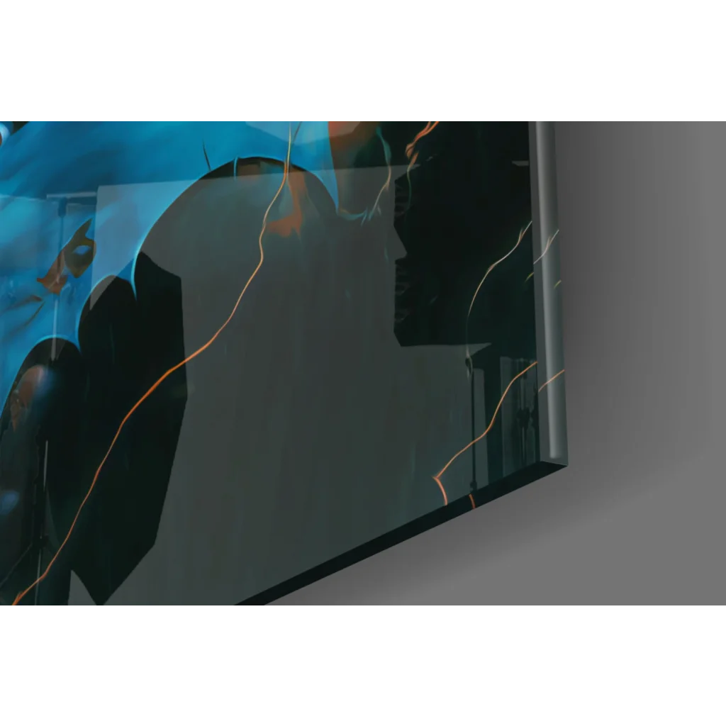Sleek Fiery Batman glass wall art with glossy black surface, blue abstract design, orange lines, and lightning effects