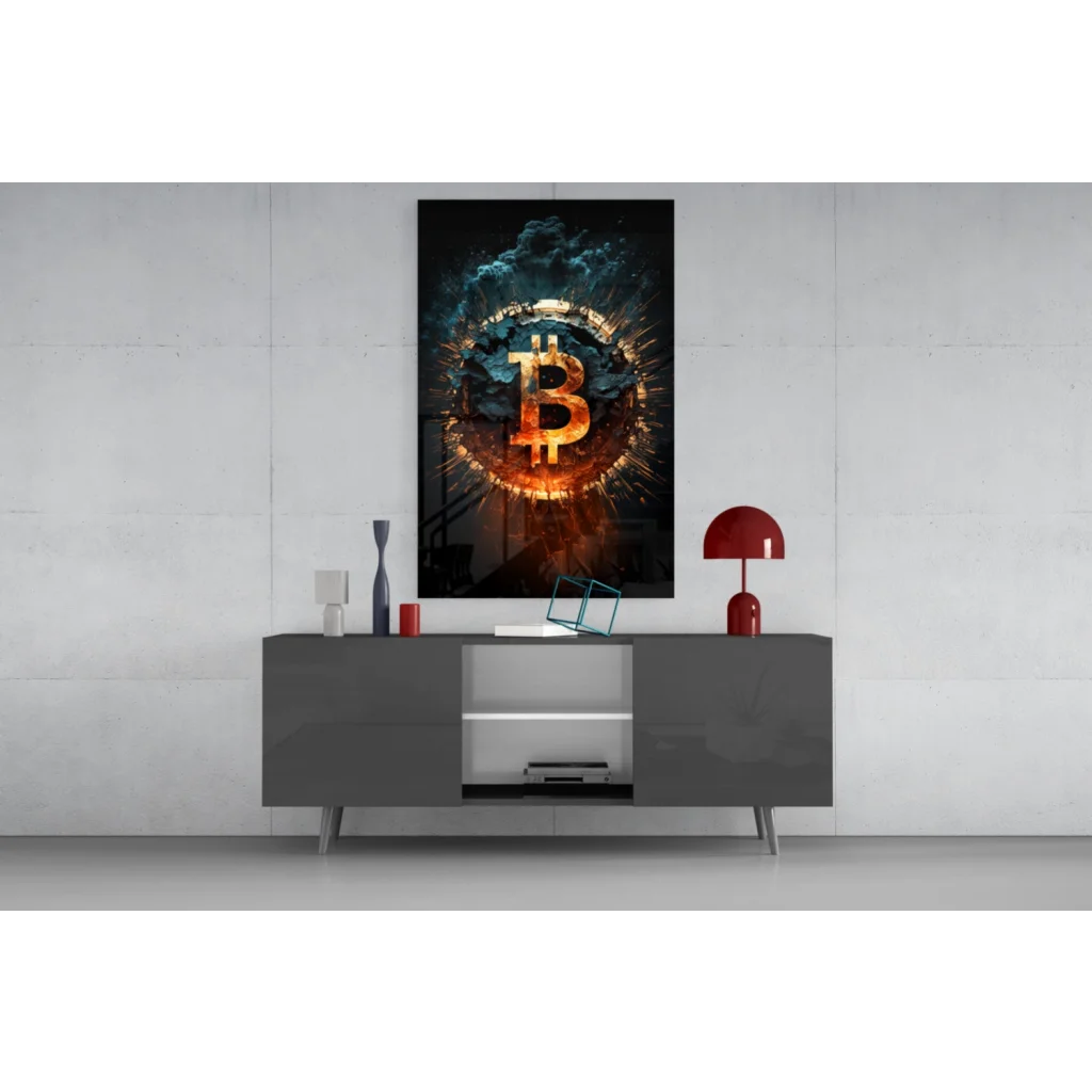 Glowing golden Bitcoin b symbol in fiery orange cosmic wall art
