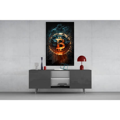 Glowing golden Bitcoin b symbol in fiery orange cosmic wall art