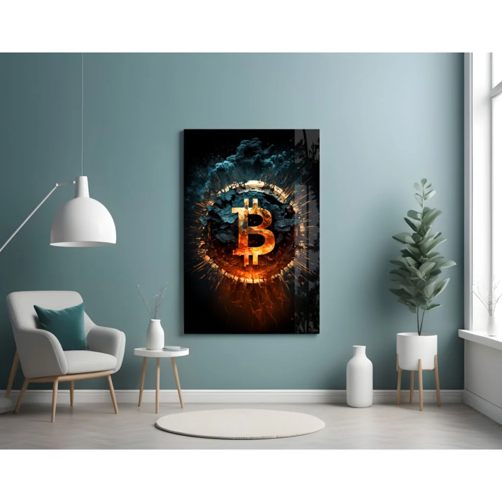 Fiery Bitcoin glowing b symbol canvas wall art with cosmic sparks