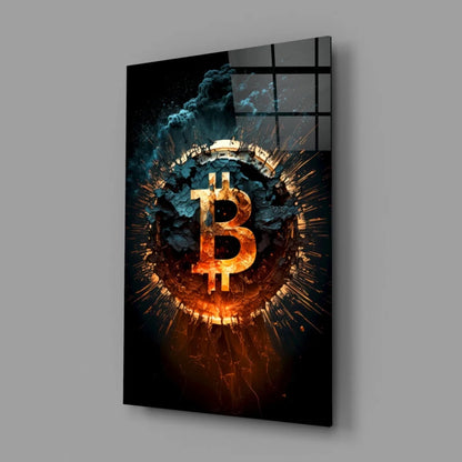 Fiery Bitcoin symbol canvas wall art with cosmic glow effects