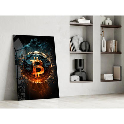 Fiery Bitcoin symbol canvas wall art with cosmic glow