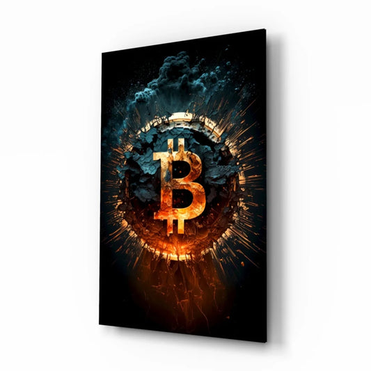 Fiery Bitcoin symbol bursting through cracked surface on black canvas wall art