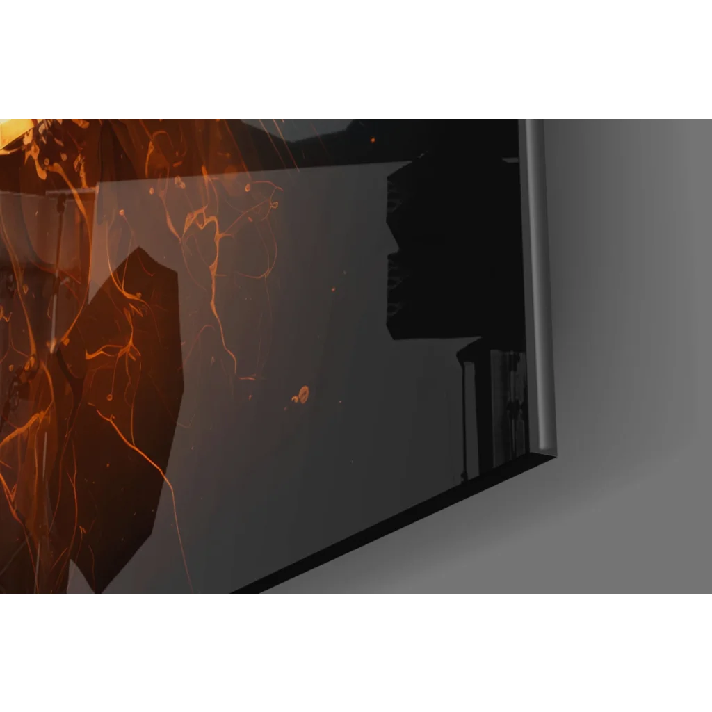 Fiery Bitcoin symbol glass wall art with cosmic glow on sleek TV