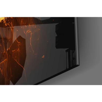 Fiery Bitcoin symbol glass wall art with cosmic glow on sleek TV