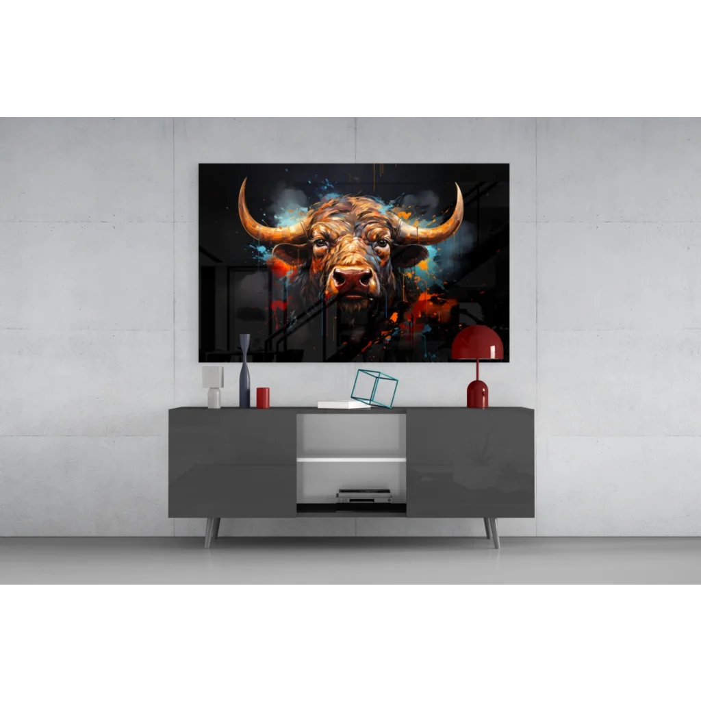Fiery bull glass wall art with golden horns and vibrant paint splashes