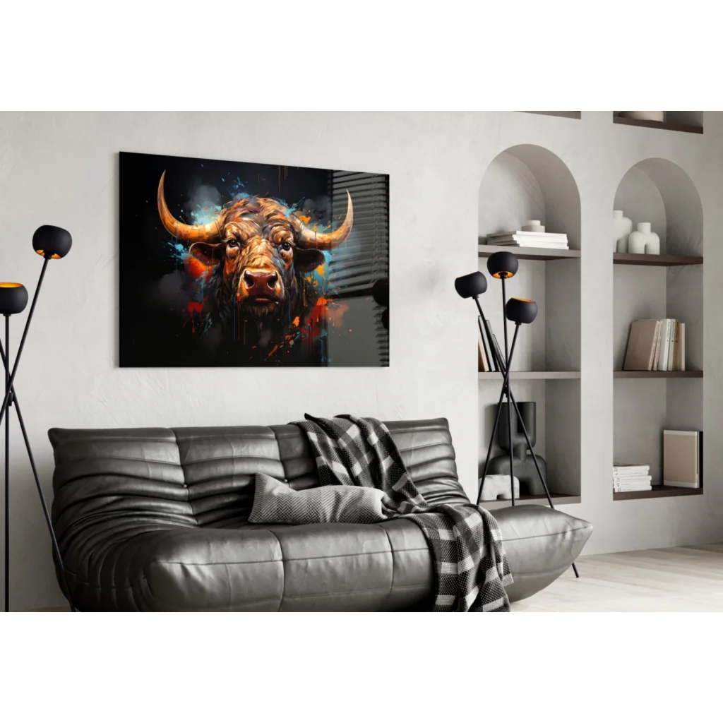 Fiery bull glass wall art with golden horns and glowing orange blue splashes