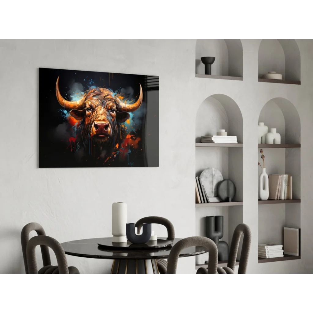 Fiery bull glass wall art with glowing orange-blue accents and golden horns
