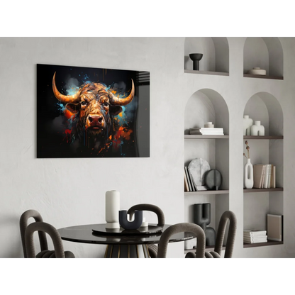 Fiery bull glass wall art with glowing orange-blue accents and golden horns