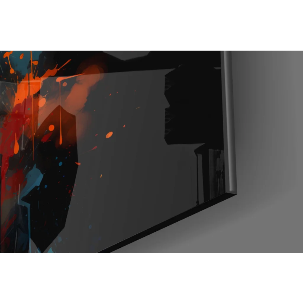 Fiery Bull glass wall art with golden horns and bold paint splatters