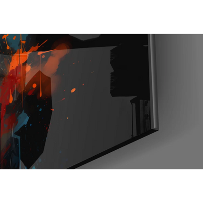 Fiery Bull glass wall art with golden horns and bold paint splatters