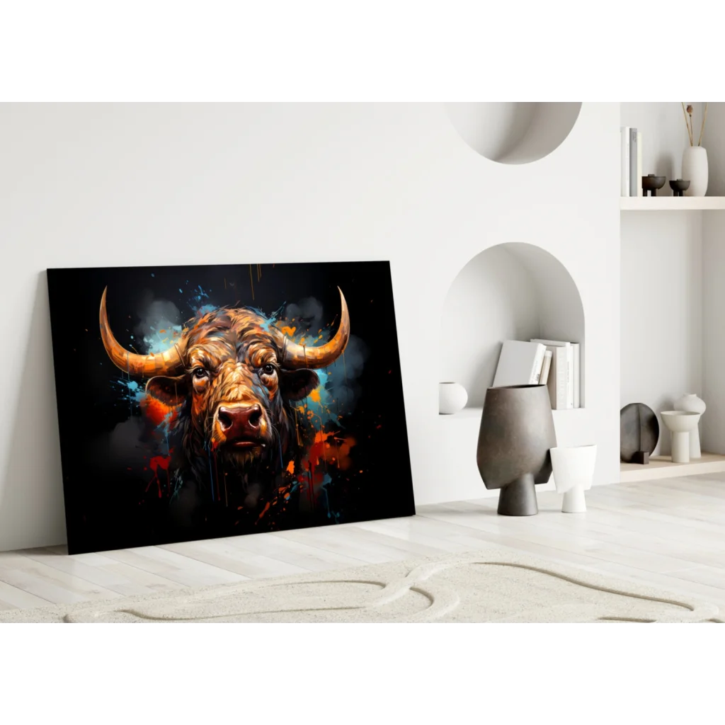 Fiery Bull glass wall art with golden horns and vibrant splashes