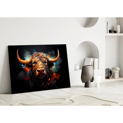 Fiery Bull glass wall art with golden horns and vibrant splashes