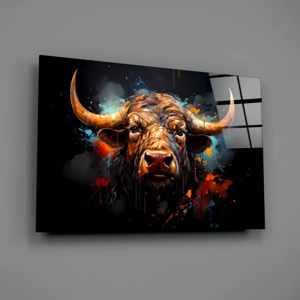 Fiery bull glass wall art with golden horns on vibrant painted background
