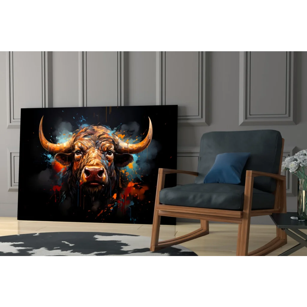 Vibrant fiery bull glass wall art with golden horns