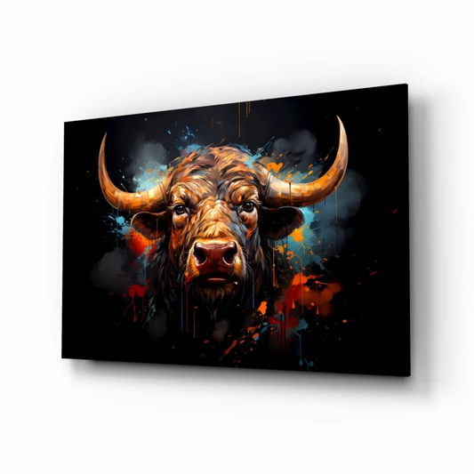 Fiery bull glass wall art with golden horns on black background