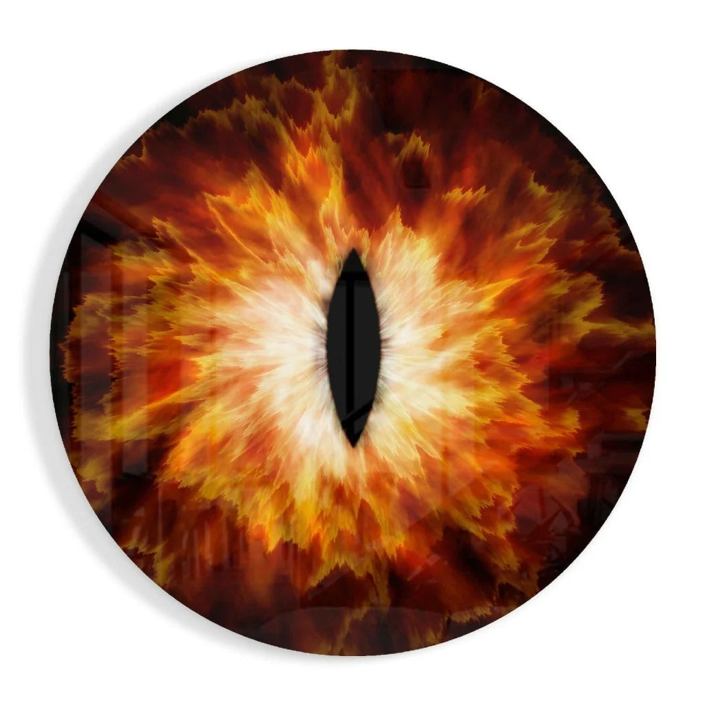 Fiery Dragon Eye tempered glass art with glowing orange-red hues