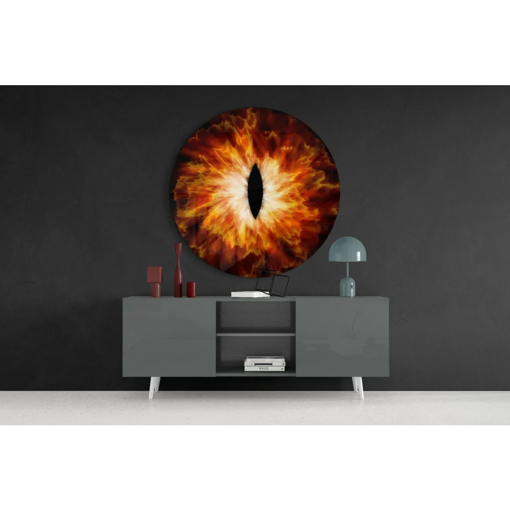 Fiery Dragon Eye tempered glass art with vibrant orange-red hues